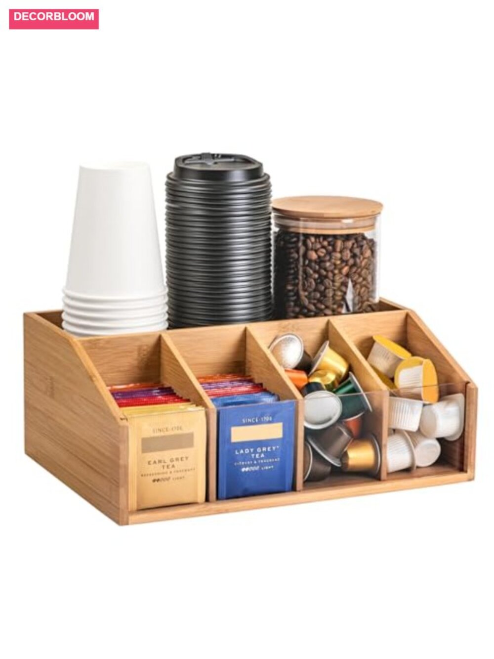 Bamboo & Acrylic Coffee Bar Organizer with 5 Compartments